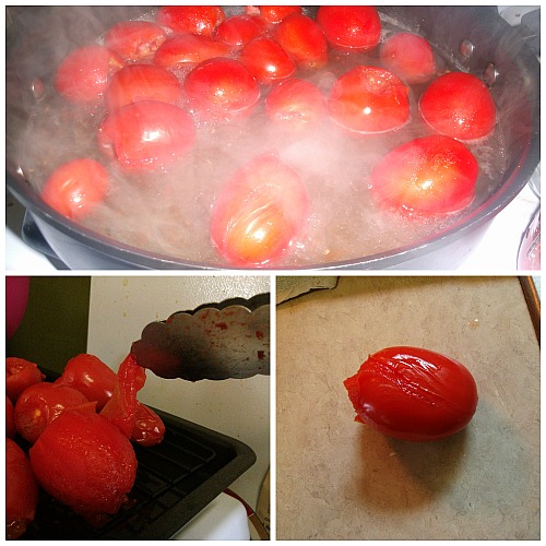 boil, crack and peel roma or any  tomatoes for canning