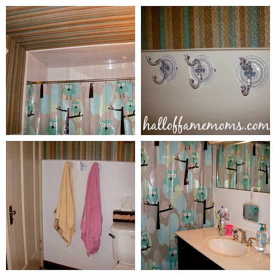new house bathroom with owl shower curtain