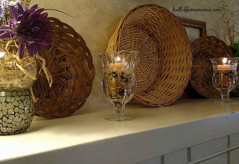 popcorn, candles and baskets for cozy fall #manteldecor
