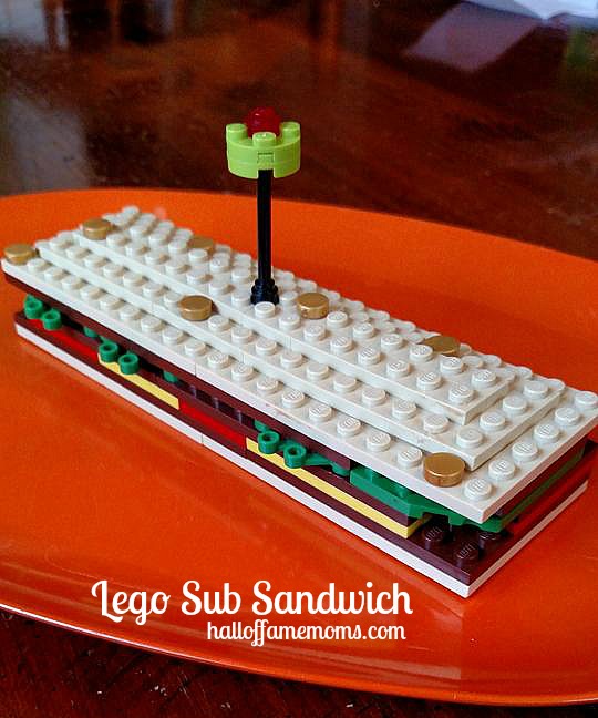 Lego sub sandwich with olive.