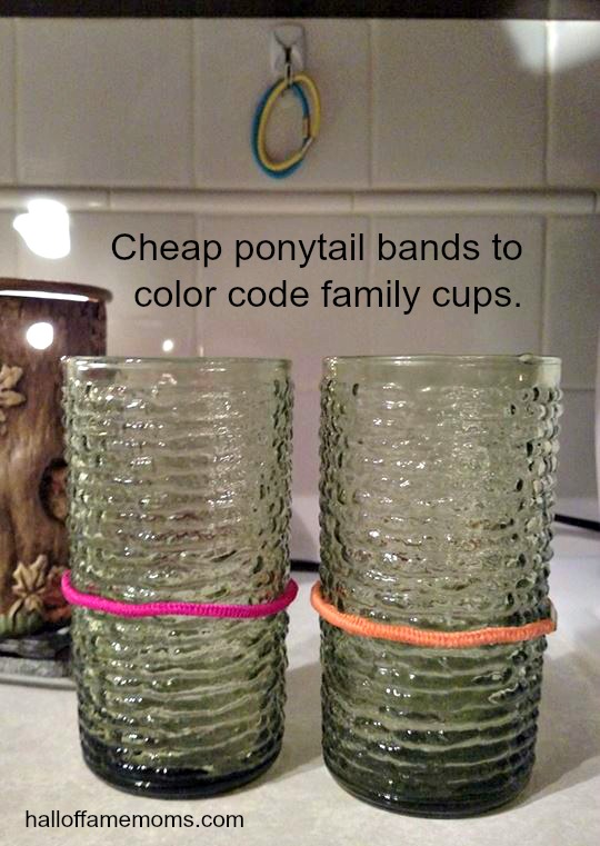 Use cheap ponytail bands to color code family cups.