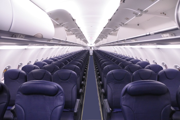 What the seating looks like inside a Spirit airplane.