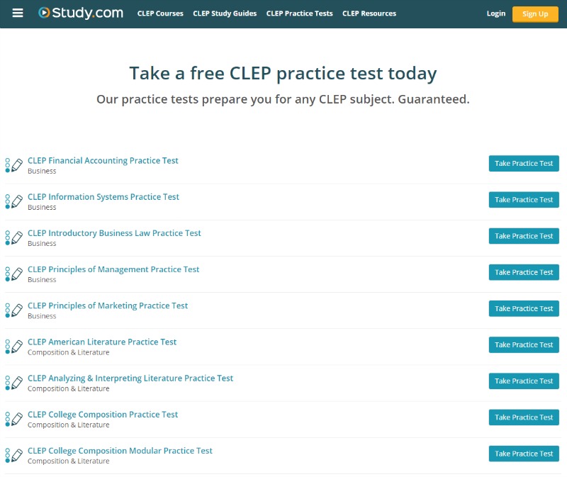 Take a free CLEP practice test today with Study.com - More info here.