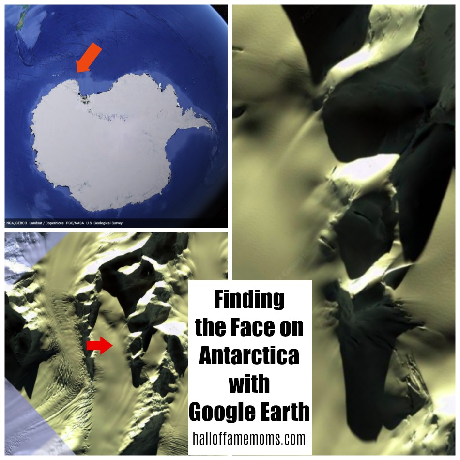 How to find the Antarctic Alien face on Google Earth. Halloffamemoms.com 