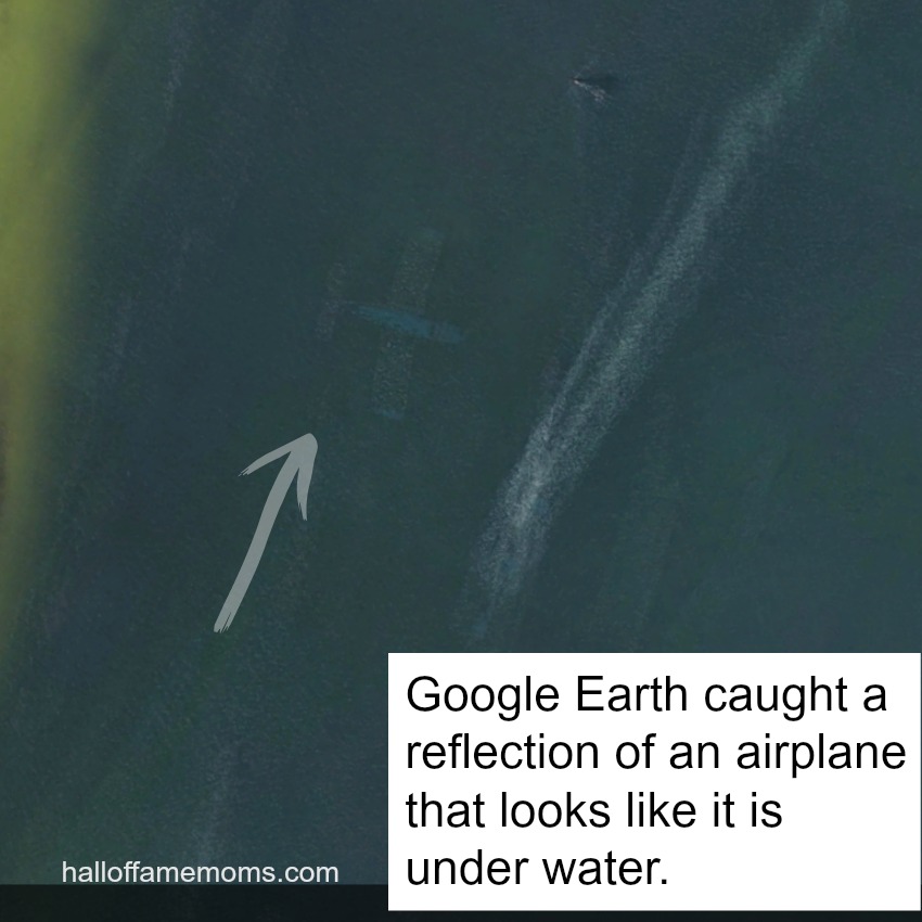 Google Earth caught the reflection of an airplane over the water.